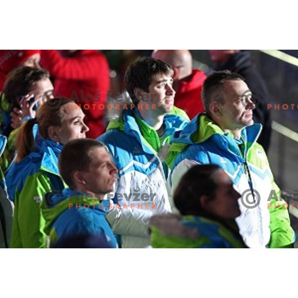 Zan Kosir of Slovenia celebrates bronze Olympic medal in Men\'s Parallel Giant Slalom in Rosa Khutor Extreme Park, Sochi 2014 Winter Olympic Games, Russia on February 19, 2014