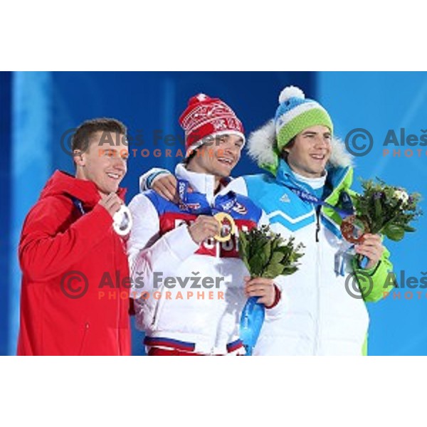 Zan Kosir of Slovenia celebrates bronze Olympic medal in Men\'s Parallel Giant Slalom in Rosa Khutor Extreme Park, Sochi 2014 Winter Olympic Games, Russia on February 19, 2014