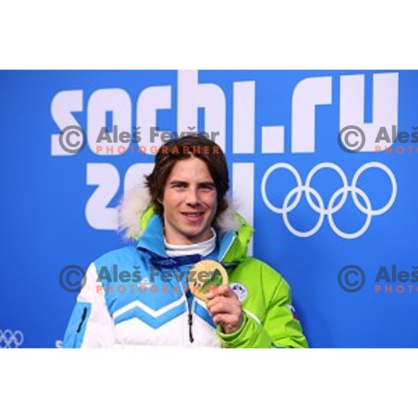 Zan Kosir of Slovenia celebrates bronze Olympic medal in Men\'s Parallel Giant Slalom in Rosa Khutor Extreme Park, Sochi 2014 Winter Olympic Games, Russia on February 19, 2014