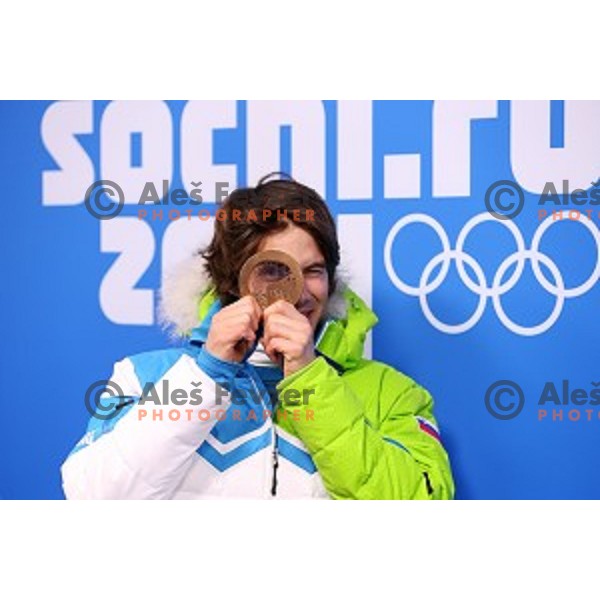 Zan Kosir of Slovenia celebrates bronze Olympic medal in Men\'s Parallel Giant Slalom in Rosa Khutor Extreme Park, Sochi 2014 Winter Olympic Games, Russia on February 19, 2014