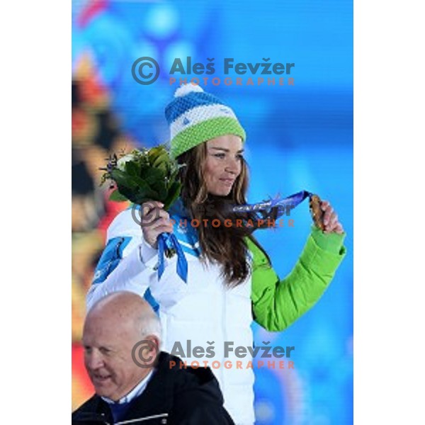 Tina Maze of Slovenia celebrates her second Olympic gold medal after Ladies Downhill also in Ladies Giant Slalom at Medal Plaza, Sochi 2014 Winter Olympic Games on February 19, 2014