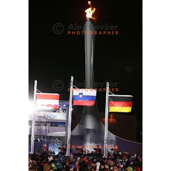 Tina Maze of Slovenia celebrates her second Olympic gold medal after Ladies Downhill also in Ladies Giant Slalom at Medal Plaza, Sochi 2014 Winter Olympic Games on February 19, 2014