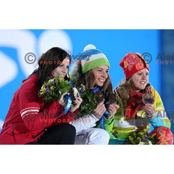 Tina Maze of Slovenia celebrates her second Olympic gold medal after Ladies Downhill also in Ladies Giant Slalom at Medal Plaza, Sochi 2014 Winter Olympic Games on February 19, 2014