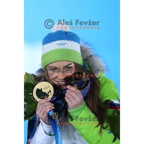Tina Maze of Slovenia celebrates her second Olympic gold medal after Ladies Downhill also in Ladies Giant Slalom at Medal Plaza, Sochi 2014 Winter Olympic Games on February 19, 2014