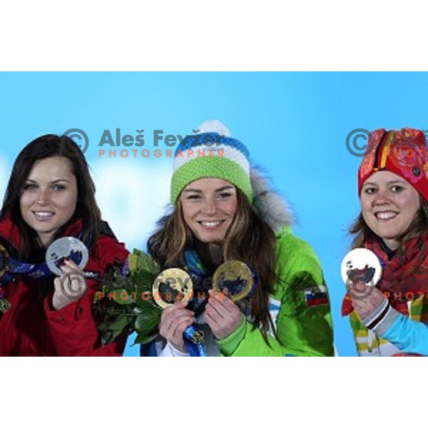 Tina Maze of Slovenia celebrates her second Olympic gold medal after Ladies Downhill also in Ladies Giant Slalom at Medal Plaza, Sochi 2014 Winter Olympic Games on February 19, 2014