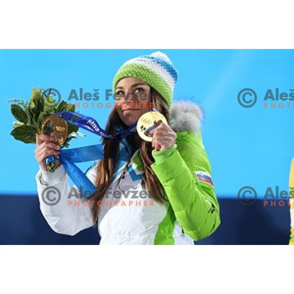 Tina Maze of Slovenia celebrates her second Olympic gold medal after Ladies Downhill also in Ladies Giant Slalom at Medal Plaza, Sochi 2014 Winter Olympic Games on February 19, 2014