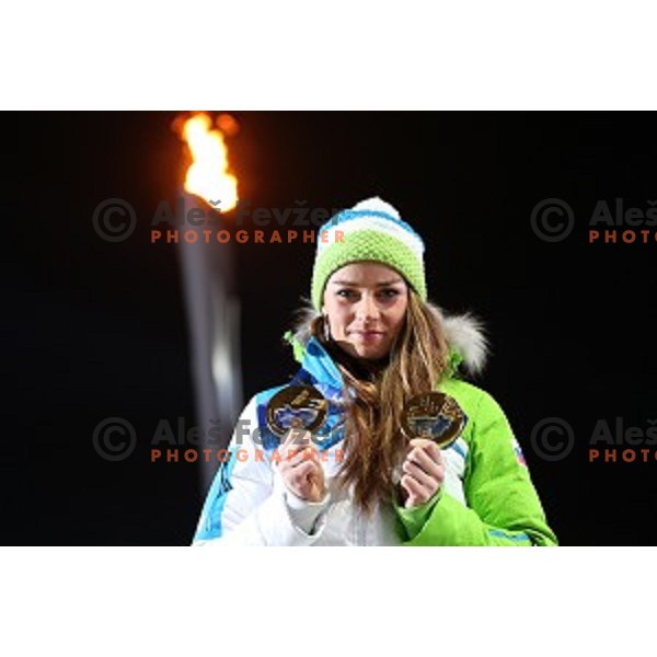 Tina Maze of Slovenia celebrates her second Olympic gold medal after Ladies Downhill also in Ladies Giant Slalom at Medal Plaza, Sochi 2014 Winter Olympic Games on February 19, 2014
