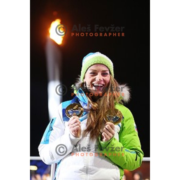 Tina Maze of Slovenia celebrates her second Olympic gold medal after Ladies Downhill also in Ladies Giant Slalom at Medal Plaza, Sochi 2014 Winter Olympic Games on February 19, 2014