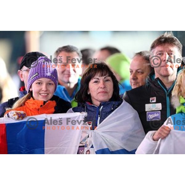Tina\'s mother Sonja Maze celebrates second Olympic gold medal after Ladies Downhill also in Ladies Giant Slalom at Medal Plaza, Sochi 2014 Winter Olympic Games on February 19, 2014