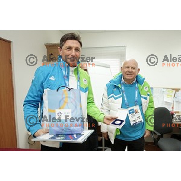 Janez Kocijancic and Borut Pahor, president of Slovenia in Mountain Olympic Village, Sochi 2014 Winter Olympic games, Russia on February 17, 2014