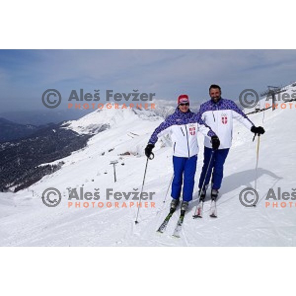 Vlade Divac, president of Olympic Committee of Serbia skiing at the top of Rosa Khutor Ski resort, Sochi 2014 Winter Olympic Games, Russia on February 20, 2014