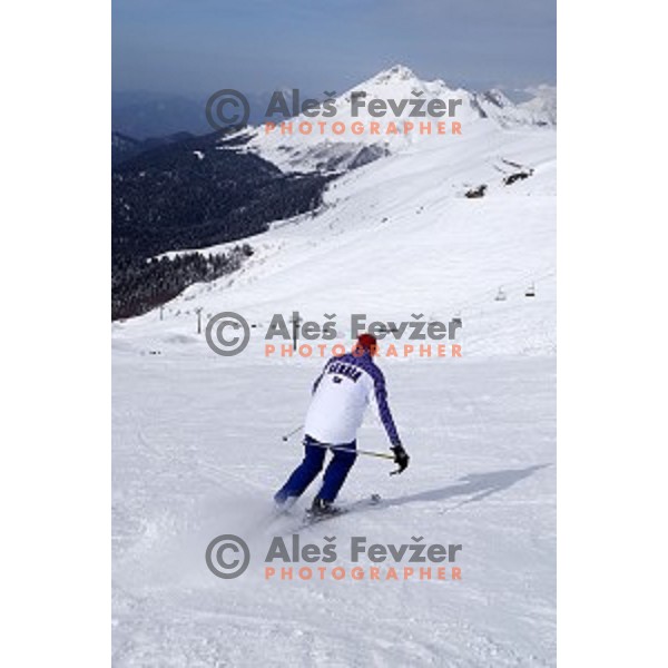 Vlade Divac, president of Olympic Committee of Serbia skiing at the top of Rosa Khutor Ski resort, Sochi 2014 Winter Olympic Games, Russia on February 20, 2014