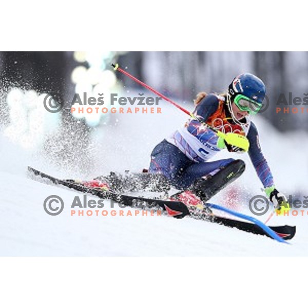 Mikaela Shiffrin (USA) skiing in first run of Ladies Slalom in Rosa Khutor Alpine Center, Sochi 2014 Winter Olympic Games, Russia on February 21, 2014