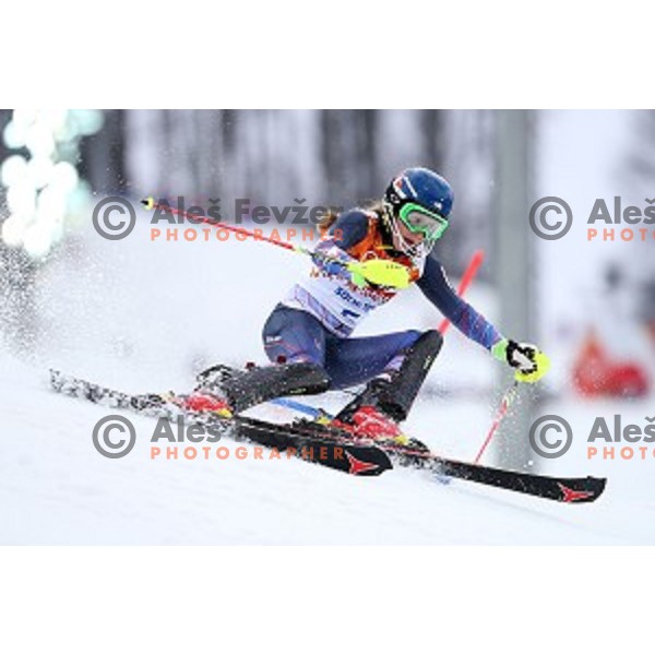 Mikaela Shiffrin (USA) skiing in first run of Ladies Slalom in Rosa Khutor Alpine Center, Sochi 2014 Winter Olympic Games, Russia on February 21, 2014