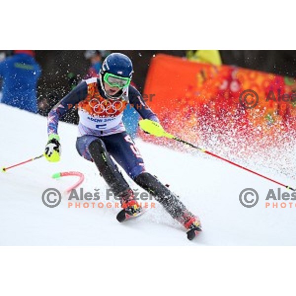 Mikaela Shiffrin (USA) skiing in first run of Ladies Slalom in Rosa Khutor Alpine Center, Sochi 2014 Winter Olympic Games, Russia on February 21, 2014