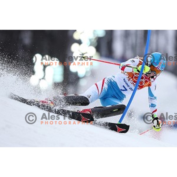 Marlies Schild (AUT) skiing in first run of Ladies Slalom in Rosa Khutor Alpine Center, Sochi 2014 Winter Olympic Games, Russia on February 21, 2014