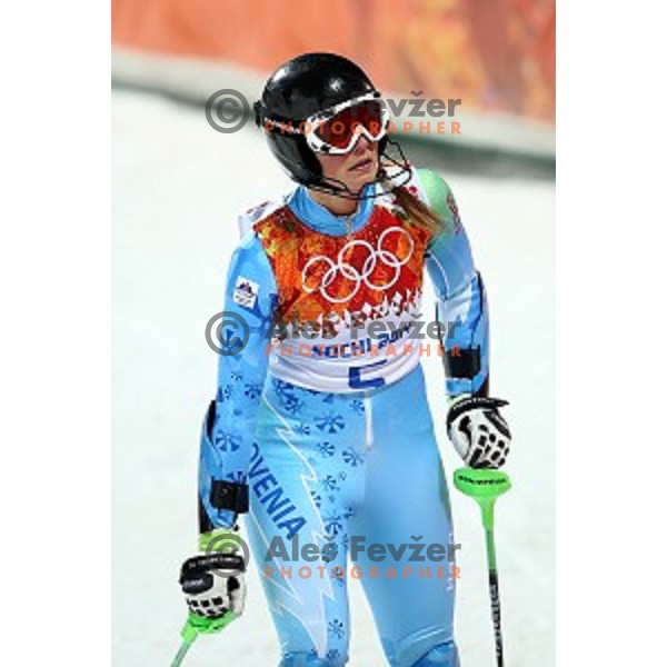 Tina Maze of Slovenia in the finish of Ladies Slalom in Rosa Khutor Alpine Center, Sochi 2014 Winter Olympic Games, Russia on February 21, 2014