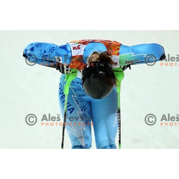 Tina Maze of Slovenia in the finish of Ladies Slalom in Rosa Khutor Alpine Center, Sochi 2014 Winter Olympic Games, Russia on February 21, 2014