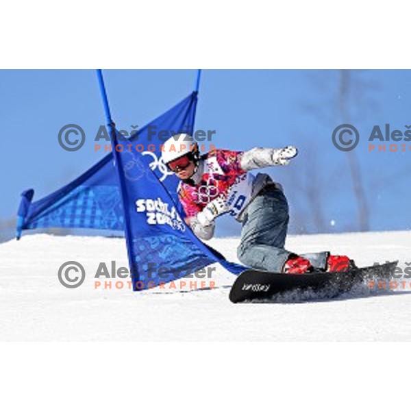 Rok Flander of Slovenia races in qualification of Men\'s Parallel Slalom in Rosa Khutor Extreme Park, Sochi 2014 Winter Olympic Games, Russia on February 22, 2014