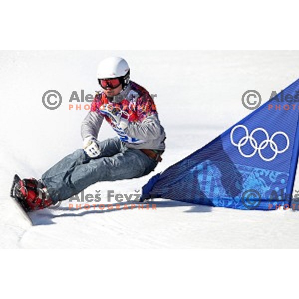 Rok Flander of Slovenia races in qualification of Men\'s Parallel Slalom in Rosa Khutor Extreme Park, Sochi 2014 Winter Olympic Games, Russia on February 22, 2014