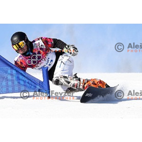 Izidor Sustersic of Slovenia races in qualification of Men\'s Parallel Slalom in Rosa Khutor Extreme Park, Sochi 2014 Winter Olympic Games, Russia on February 22, 2014