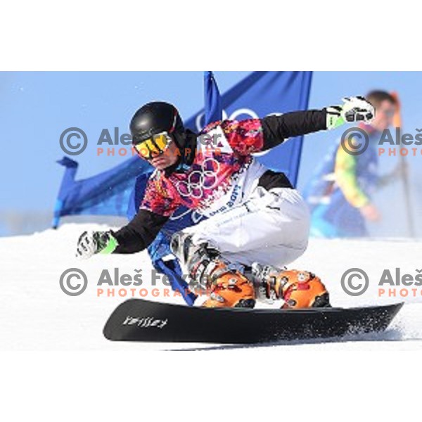 Izidor Sustersic of Slovenia races in qualification of Men\'s Parallel Slalom in Rosa Khutor Extreme Park, Sochi 2014 Winter Olympic Games, Russia on February 22, 2014