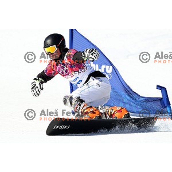 Izidor Sustersic of Slovenia races in qualification of Men\'s Parallel Slalom in Rosa Khutor Extreme Park, Sochi 2014 Winter Olympic Games, Russia on February 22, 2014
