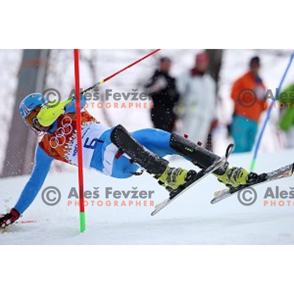 in first run of Men\'s Slalom in Rosa Khutor Alpine Center , Sochi 2014 Winter Olympic Games on February 22, 2014