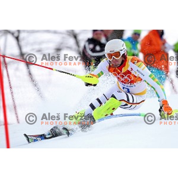 in first run of Men\'s Slalom in Rosa Khutor Alpine Center , Sochi 2014 Winter Olympic Games on February 22, 2014