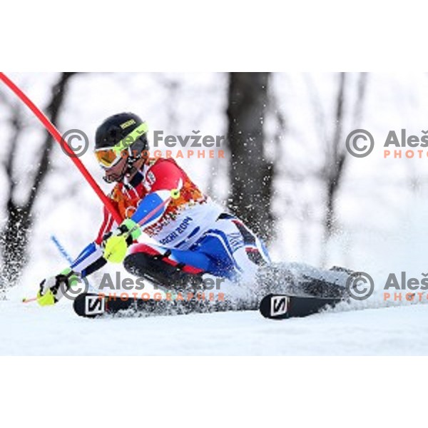 in first run of Men\'s Slalom in Rosa Khutor Alpine Center , Sochi 2014 Winter Olympic Games on February 22, 2014