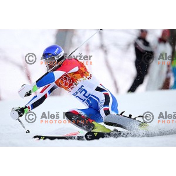 in first run of Men\'s Slalom in Rosa Khutor Alpine Center , Sochi 2014 Winter Olympic Games on February 22, 2014