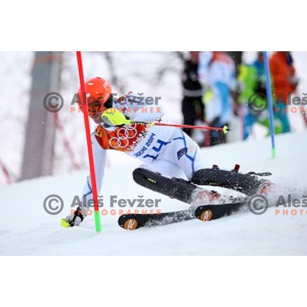 in first run of Men\'s Slalom in Rosa Khutor Alpine Center , Sochi 2014 Winter Olympic Games on February 22, 2014