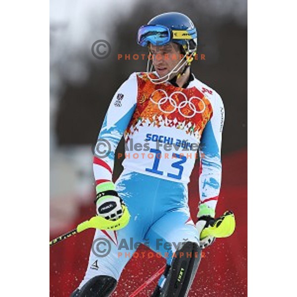 in first run of Men\'s Slalom in Rosa Khutor Alpine Center , Sochi 2014 Winter Olympic Games on February 22, 2014
