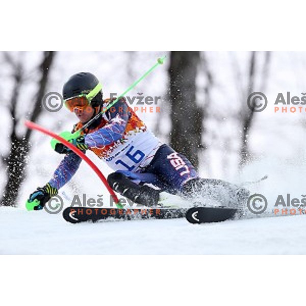 in first run of Men\'s Slalom in Rosa Khutor Alpine Center , Sochi 2014 Winter Olympic Games on February 22, 2014