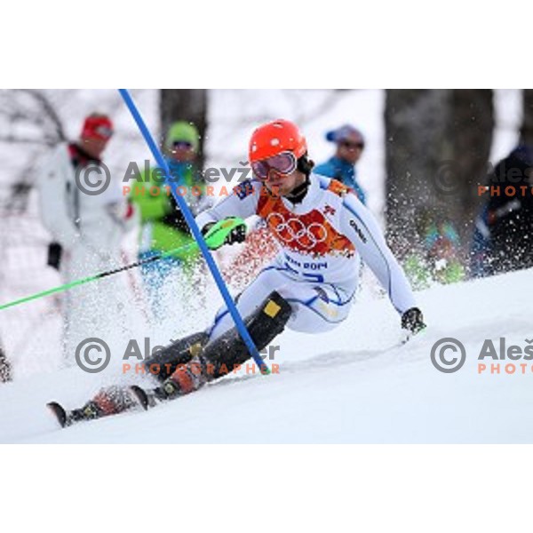 in first run of Men\'s Slalom in Rosa Khutor Alpine Center , Sochi 2014 Winter Olympic Games on February 22, 2014
