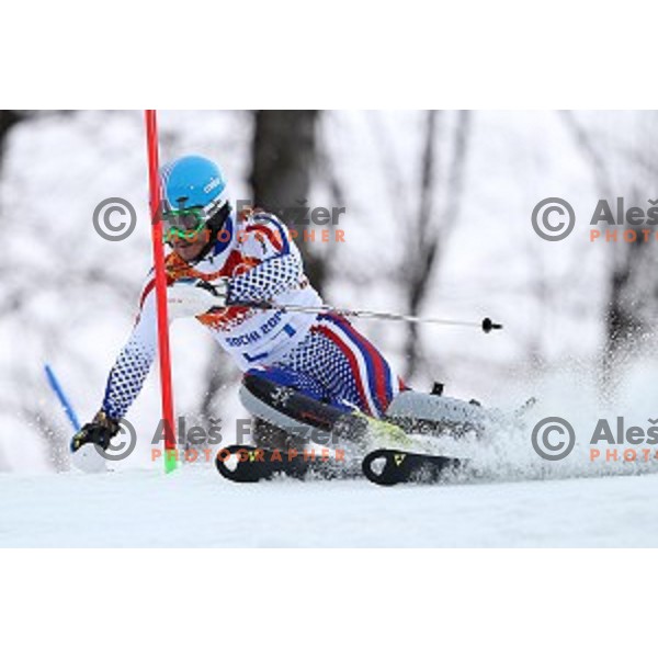 in first run of Men\'s Slalom in Rosa Khutor Alpine Center , Sochi 2014 Winter Olympic Games on February 22, 2014