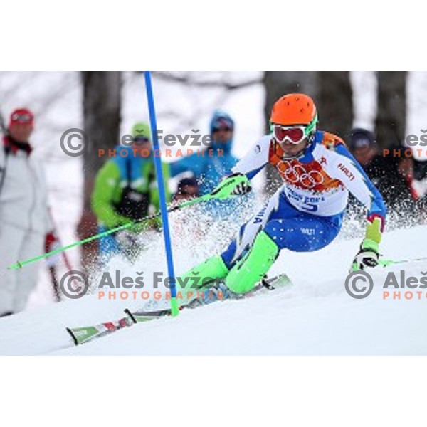 in first run of Men\'s Slalom in Rosa Khutor Alpine Center , Sochi 2014 Winter Olympic Games on February 22, 2014