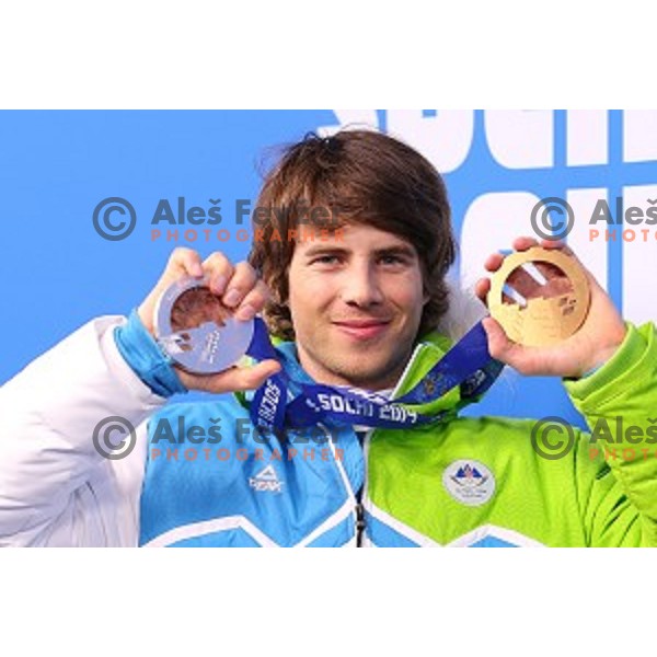 Zan Kosir of Slovenia, Olympic silver medalist in Men\'s Parallel Slalom in Rosa Khutor Extreme Park, Sochi 2014 Winter Olympic Games, Russia on February 22, 2014