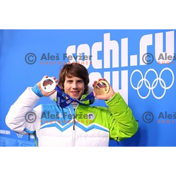 Zan Kosir of Slovenia, Olympic silver medalist in Men\'s Parallel Slalom in Rosa Khutor Extreme Park, Sochi 2014 Winter Olympic Games, Russia on February 22, 2014