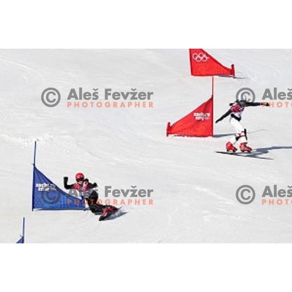 Gloria Kotnik of Slovenia and Nina Micic of Serbia in qualification of Ladies Parallel Slalom in Rosa Khutor Extreme Park, Sochi 2014 Winter Olympic Games, Russia on February 22, 2014