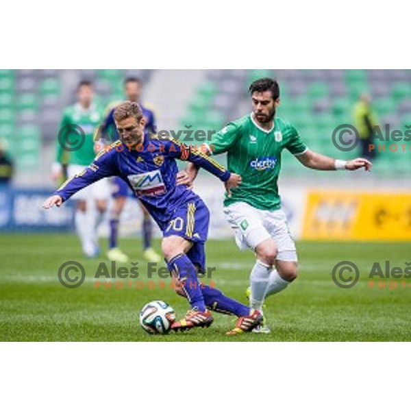 Ales Mertelj, Matija Skarabot in action during football match Olimpija - Maribor, Round 4 of Prvaliga Telekom 2013-14 , Stozice , Ljubljana, 02.03.2014