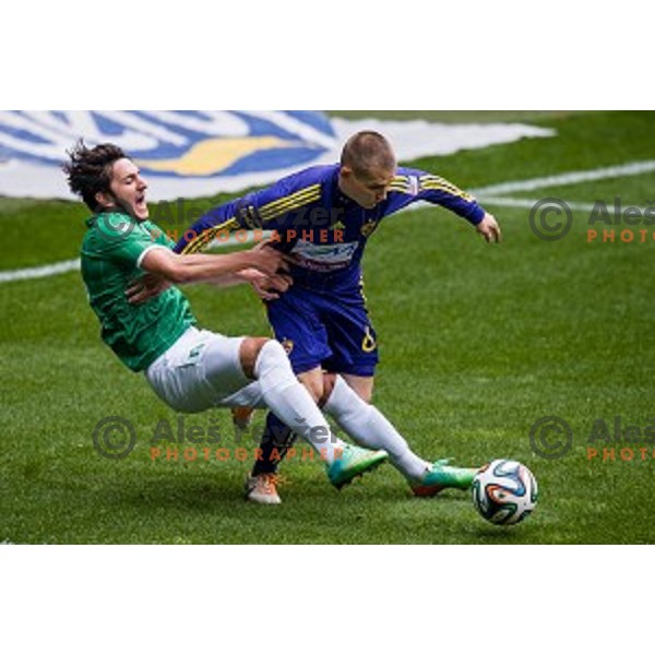 Marko Vukcevic, Martin Milec in action during football match Olimpija - Maribor, Round 4 of Prvaliga Telekom 2013-14 , Stozice , Ljubljana, 02.03.2014