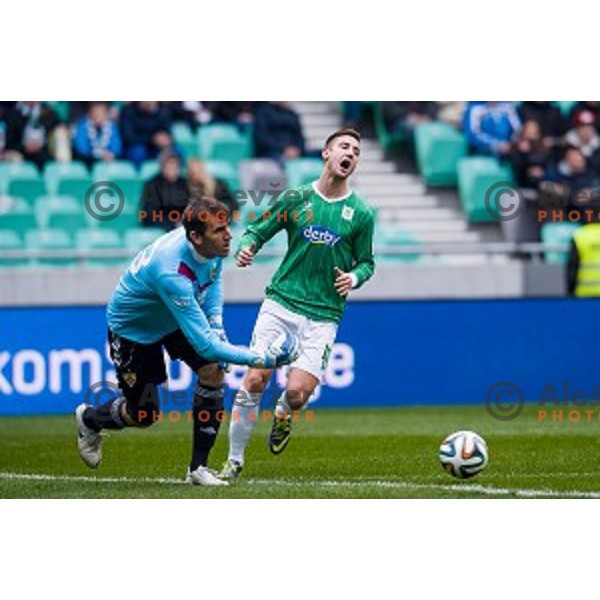 Jasmin Handanovic, Andraz Sporar in action during football match Olimpija - Maribor, Round 4 of Prvaliga Telekom 2013-14 , Stozice , Ljubljana, 02.03.2014