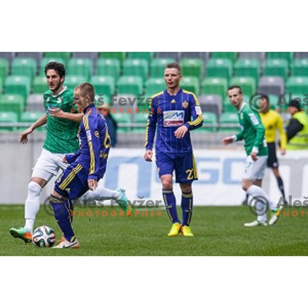 Marko Vukcevic, Martin Milec in action during football match Olimpija - Maribor, Round 4 of Prvaliga Telekom 2013-14 , Stozice , Ljubljana, 02.03.2014
