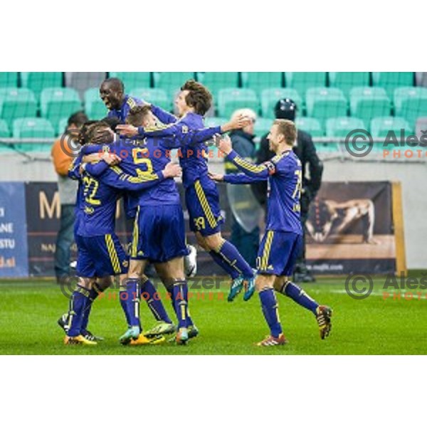 Maribor players in action during football match Olimpija - Maribor, Round 4 of Prvaliga Telekom 2013-14 , Stozice , Ljubljana, 02.03.2014