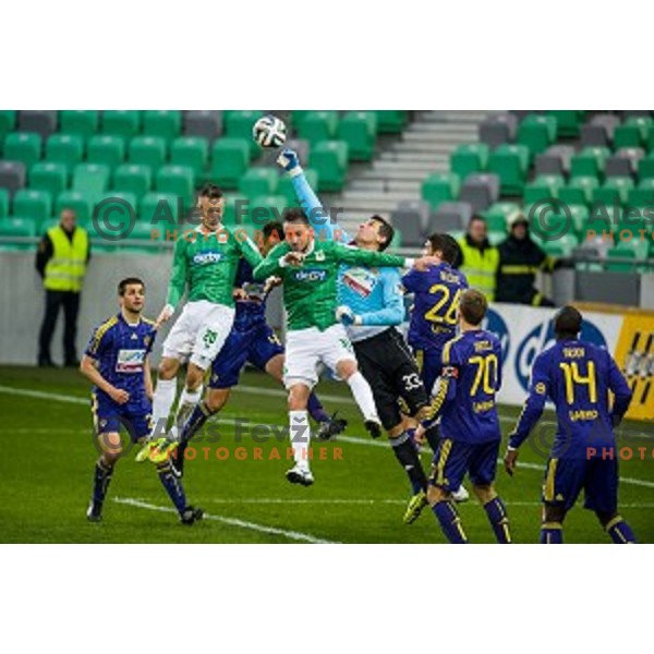 Antonio Delamea Mlinar, Dejan Djermanovic, Jasmin Handanovic in action during football match Olimpija - Maribor, Round 4 of Prvaliga Telekom 2013-14 , Stozice , Ljubljana, 02.03.2014