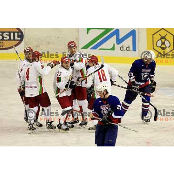 Slovenia, Ljubljana, 10.04.2007. Belarus national ice hockey team cheering after scoring during the friendly match Slovenia - Belarus.