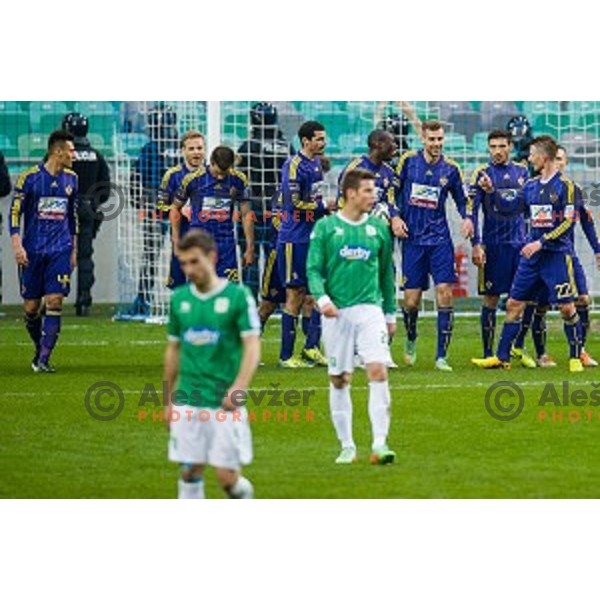 Maribor players in action during football match Olimpija - Maribor, Round 4 of Prvaliga Telekom 2013-14 , Stozice , Ljubljana, 02.03.2014