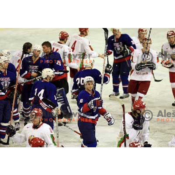 Slovenia, Ljubljana, 10.04.2007. Gregor POLONCIC (18) and the rest of Slovenian and Belarus national ice hockey team after the friendly match Slovenia - Belarus.