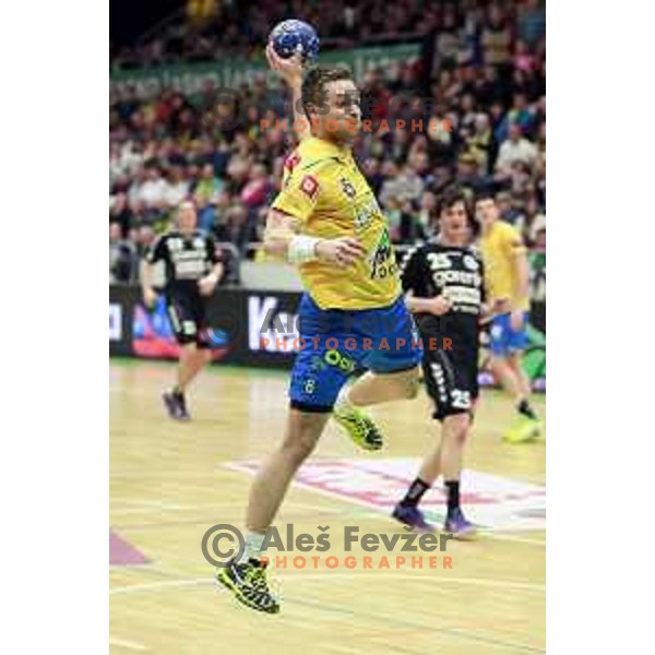  Gasper Marguc of Celje PL in action during handball match Celje PL- Gorenje Velenje in semi-final of Slovenian Cup, played in Golovec Hall, Celje, Slovenia on March 1, 2014